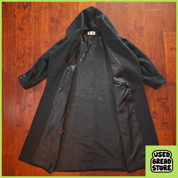 XL Vintage 80s Andrea Marin New York Shawl Collar Hooded Black Wool Maxi Coat - Picture 4 of 7